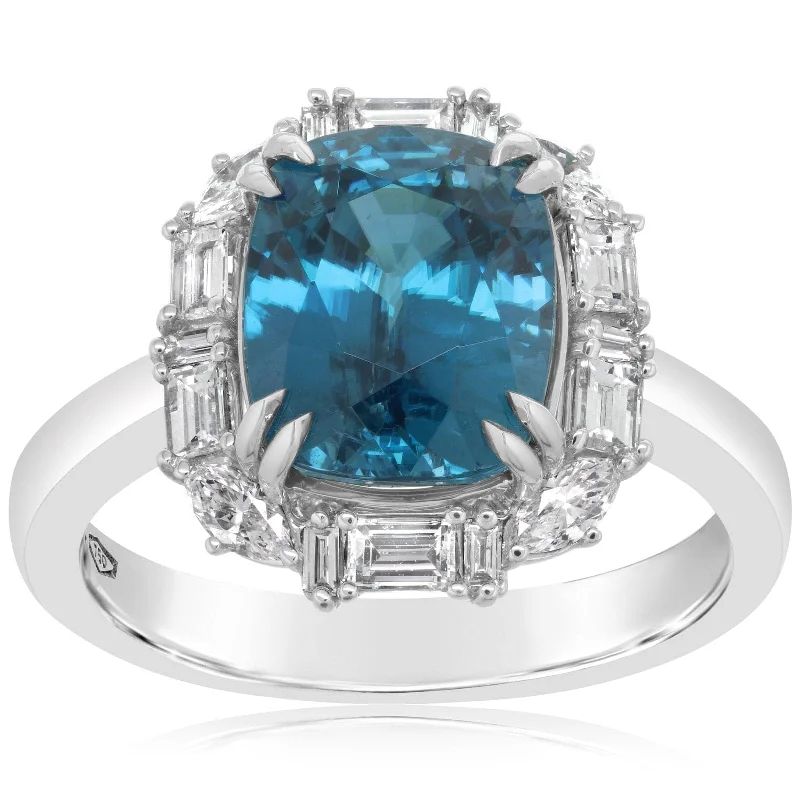 women's engagement rings art deco -Blue Zircon & Diamond Ring