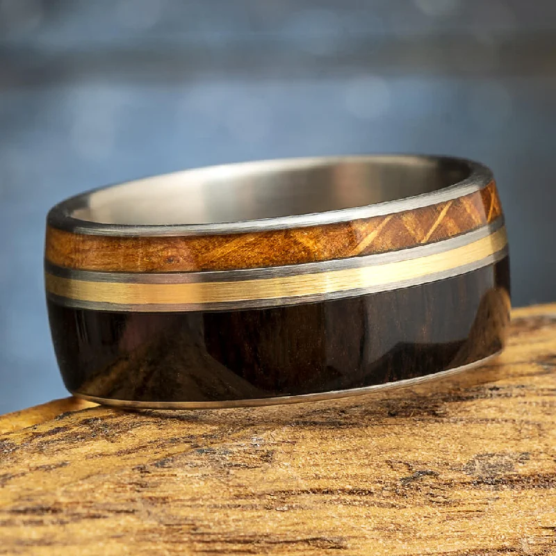 women's ring art deco -Whiskey Barrel, Blackwood Gold Pinstriped Ring