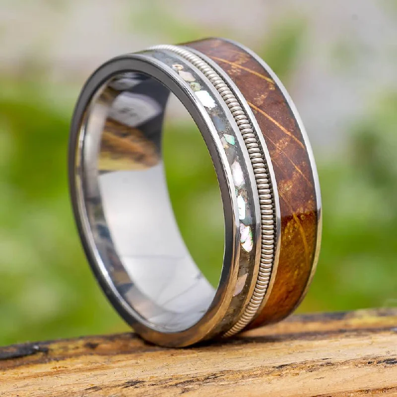 women's ring personalized initials -Guitar String Ring With Whiskey Barrel Oak Wood & Abalone