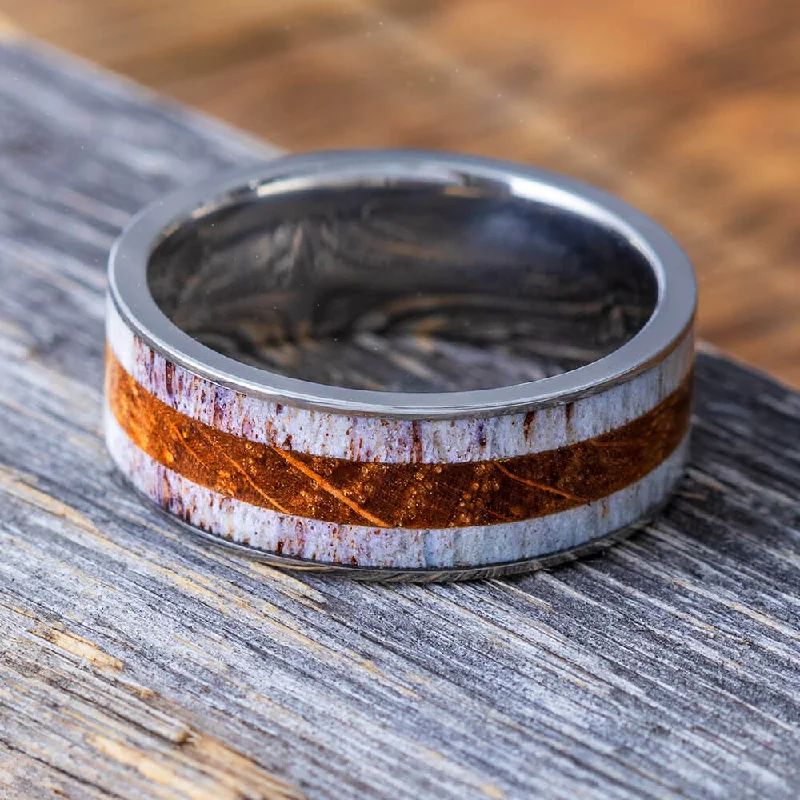 women's ring layered look -Whiskey Barrel Wood And Antler Men's Ring