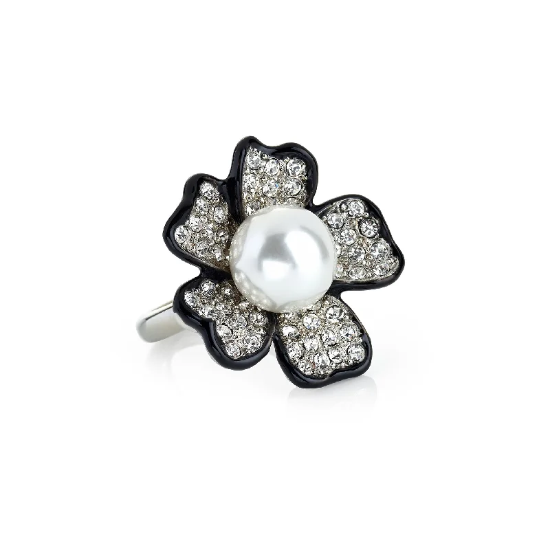 women's ring nature inspired -Pearl Center Flower Adjustable Ring