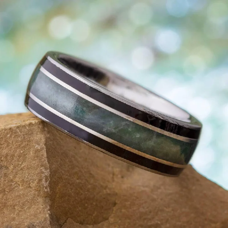 women's ring rose quartz -Tungsten Men's Ring with Green Jade & Black Wood Stripes