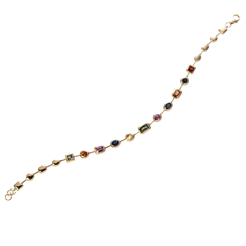 women's bracelets round cut stones -Rainbow Sapphire Multi-Shape Bezel 14K Yellow Gold Bracelet