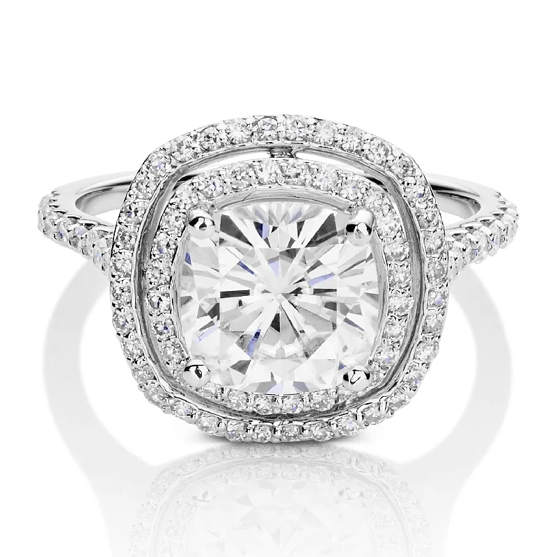 women's ring braided style -Charles & Colvard Moissanite Cushion Double Halo Ring in White Gold