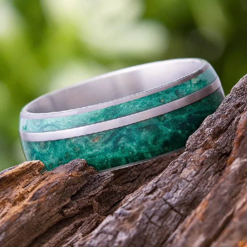 women's ring personalized initials -Green Box Elder Burl Wood Ring with Titanium Pinstripe