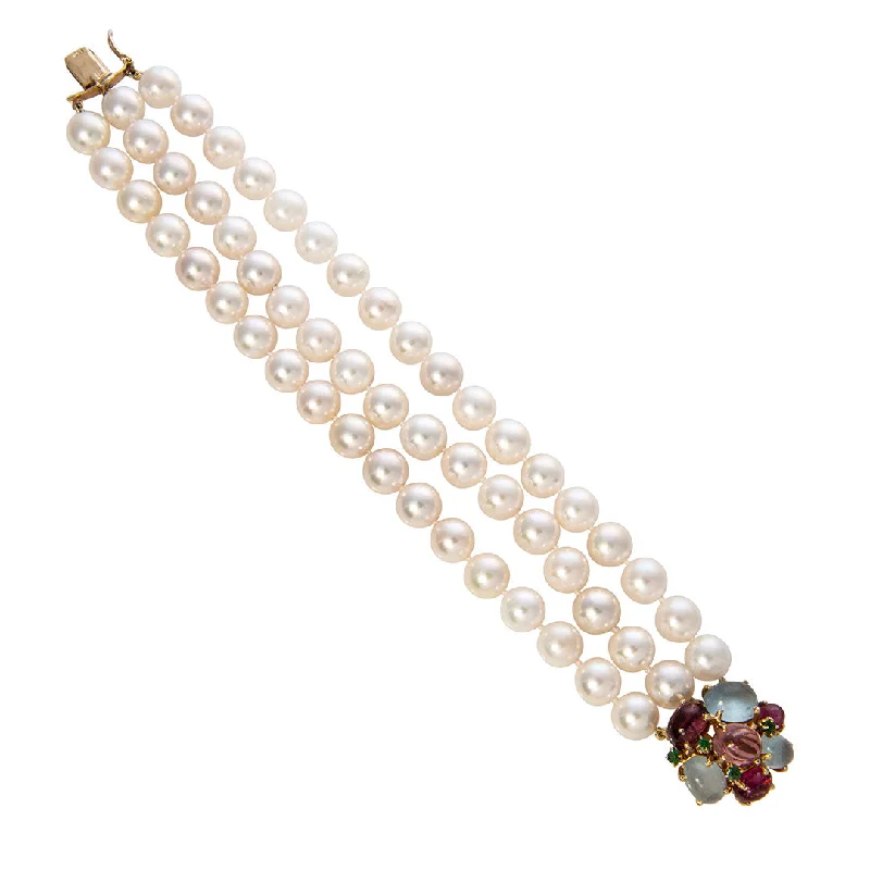 women's bracelets friendship set -Triple-Strand Akoya Pearl & Multi Stone Clasp 14K Gold Bracelet