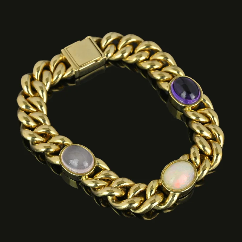 women's bracelets floral motif -Solid 14K Gold Curb Chain Amethyst Pink Quartz Opal Bracelet