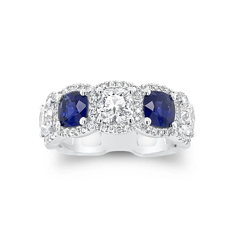 women's ring with engravings -Cushion Cut Diamond and Sapphire Band