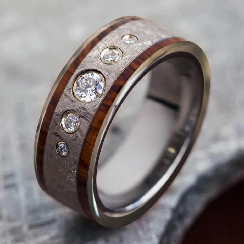 women's ring luxury collection -Meteorite and Exotic Rosewood Band with Moissanites