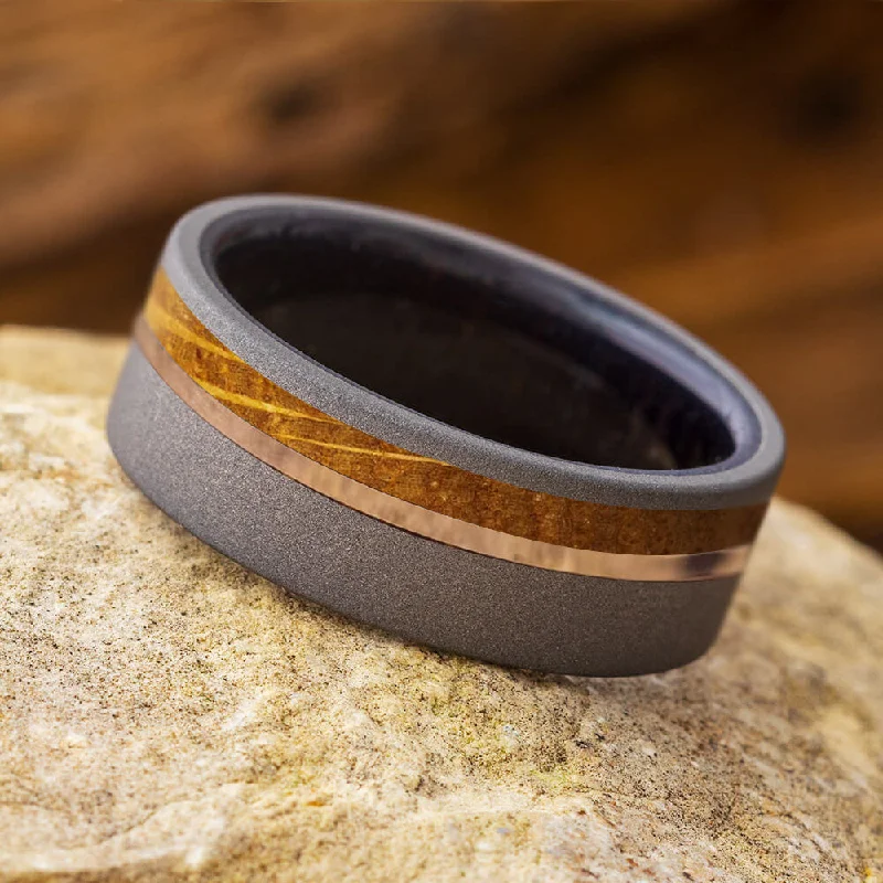 women's ring romantic design-Two Wood Ring with Sandblasted Titanium and Gold