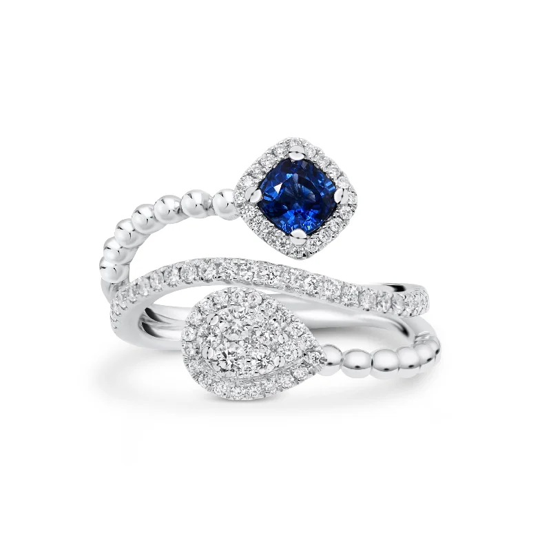 women's ring trendy styles -Sapphire Cushion & Diamond Teardrop Bypass Ring