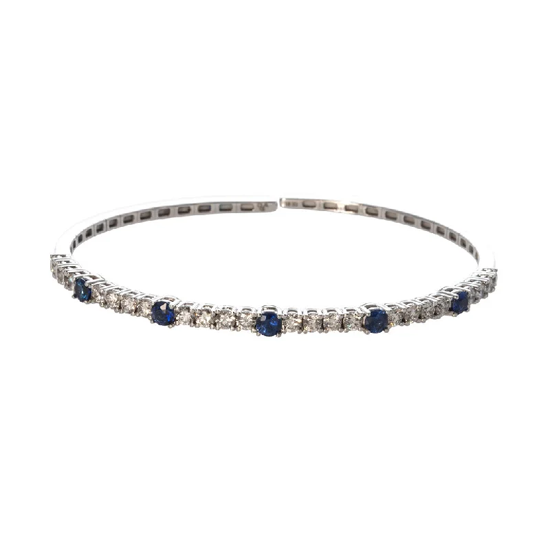 women's bracelets vintage inspired -Sapphire & Diamond 18K White Gold Flexible Cuff Bangle