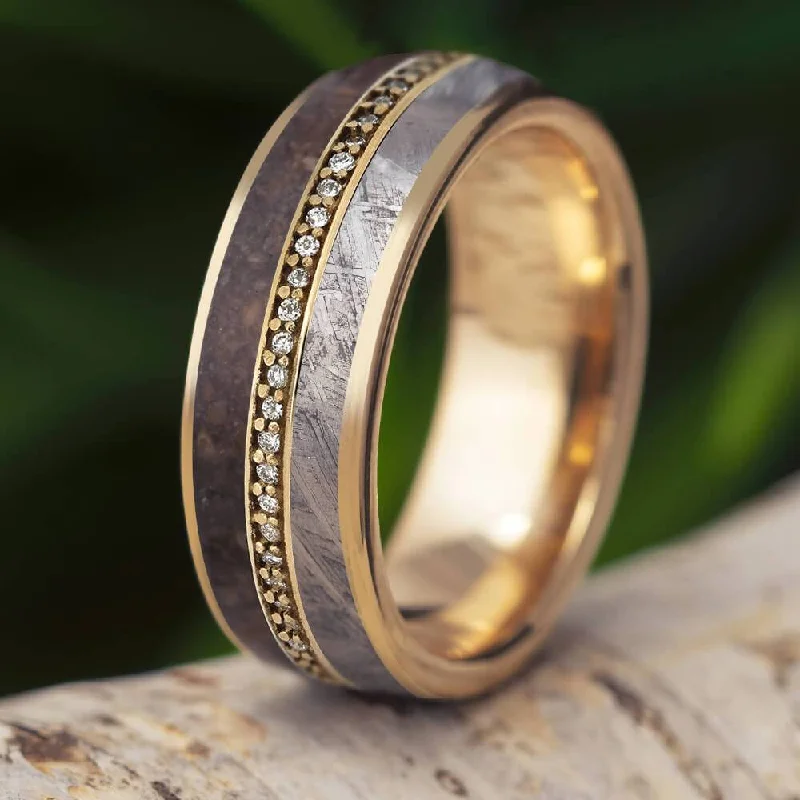 women's ring minimalist -Diamond Eternity Band with Meteorite & Dinosaur Bone