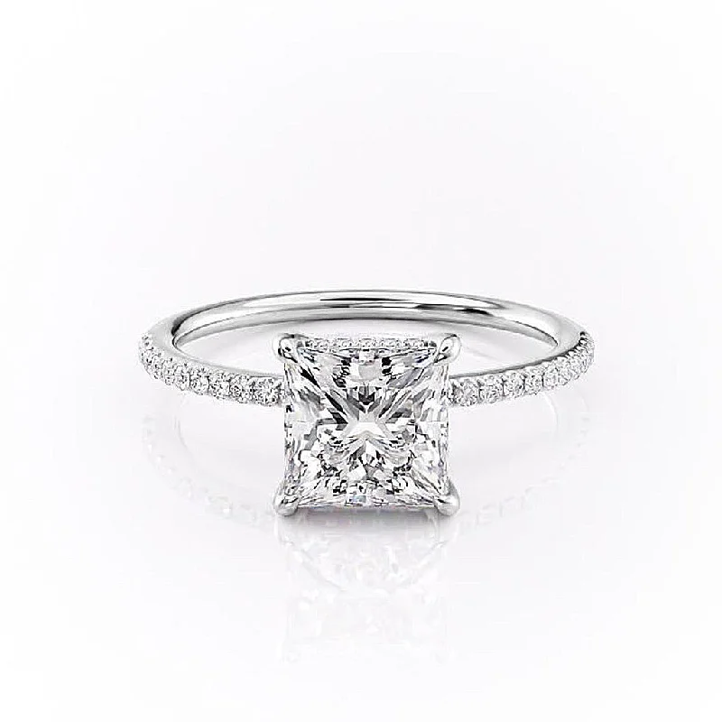 women's engagement rings luxury fashion -Princess Cut Moissanite Engagement Ring, Hidden Halo