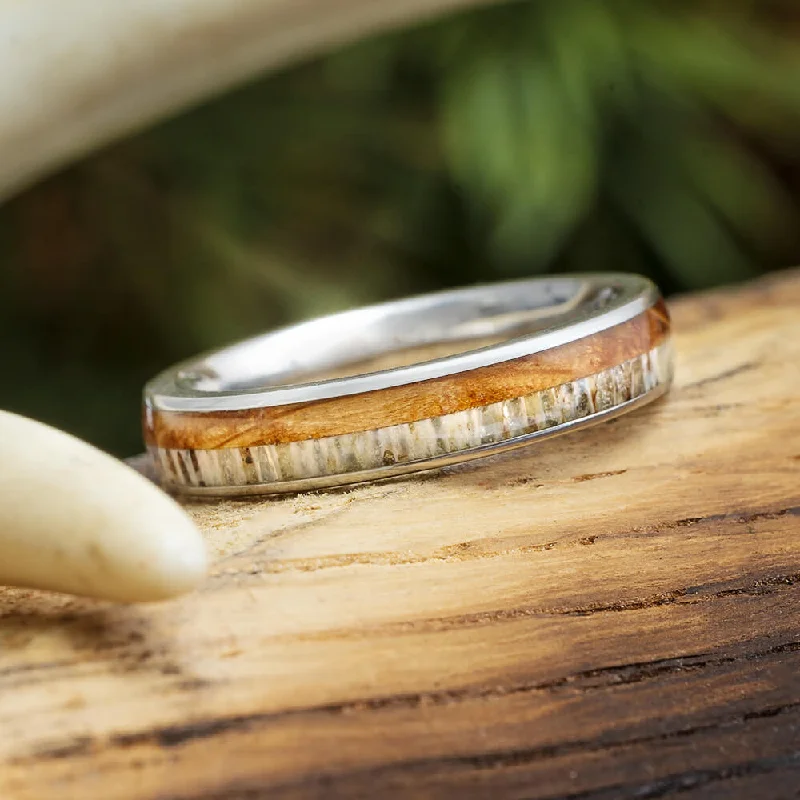 women's ring personalized initials -Deer Antler & Whiskey Barrel Oak Wood Ring