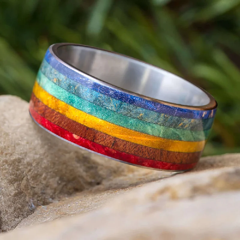 women's ring for daughter -Rainbow Pride Ring With Box Elder Burl Wood