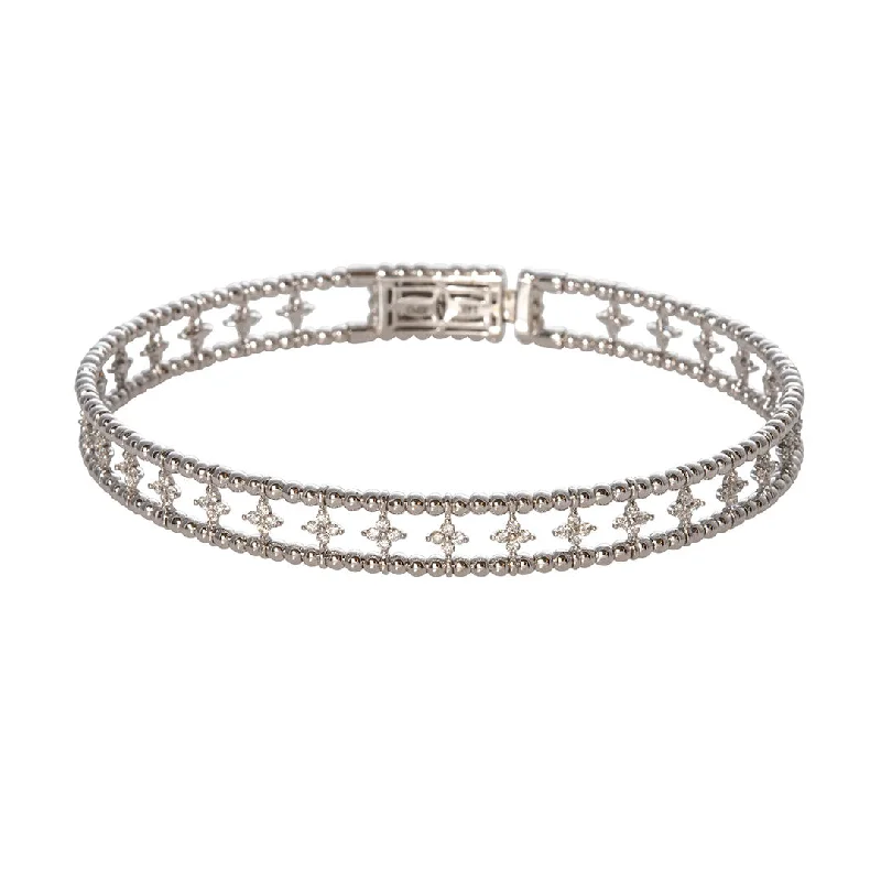 women's bracelets fine jewelry -Diamond 14K White Gold Beaded Cuff Bangle