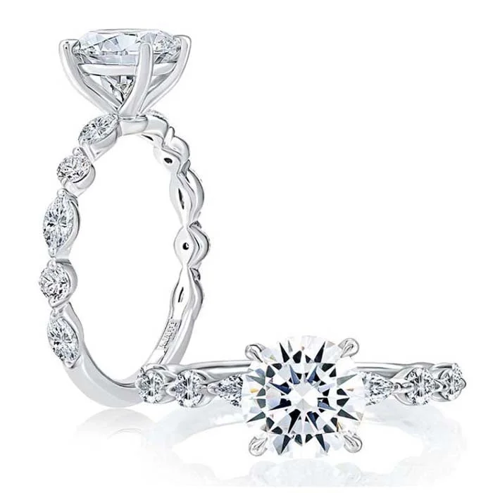 women's engagement rings timeless beauty -A. Jaffe Round Center Diamond Engagement Ring Semi-Mounting with Alternating Marquise and Round Diamond Band in 14K White Gold