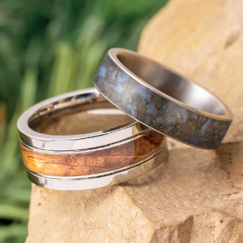 women's ring large size -Whiskey Barrel Oak & Dinosaur Bone Modular Titanium Ring Set