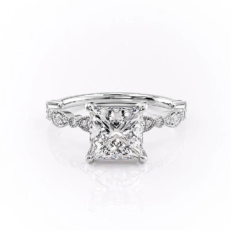 women's engagement rings twisted band -Princess Cut Moissanite Engagement Ring, Vintage Design