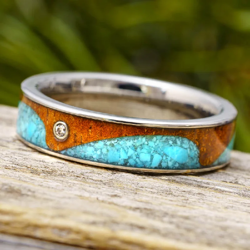 women's ring boho style -Wave Ring With Koa Wood And Turquoise