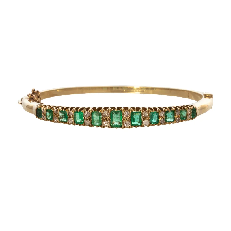 women's bracelets bold and edgy -Victorian Graduated Emerald & Diamond 15K Yellow Gold Bangle