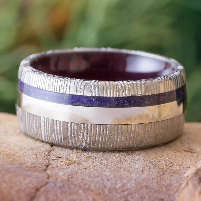 women's ring for formal occasions -Platinum and Damascus Ring with Purple Heart Wood and Amethyst