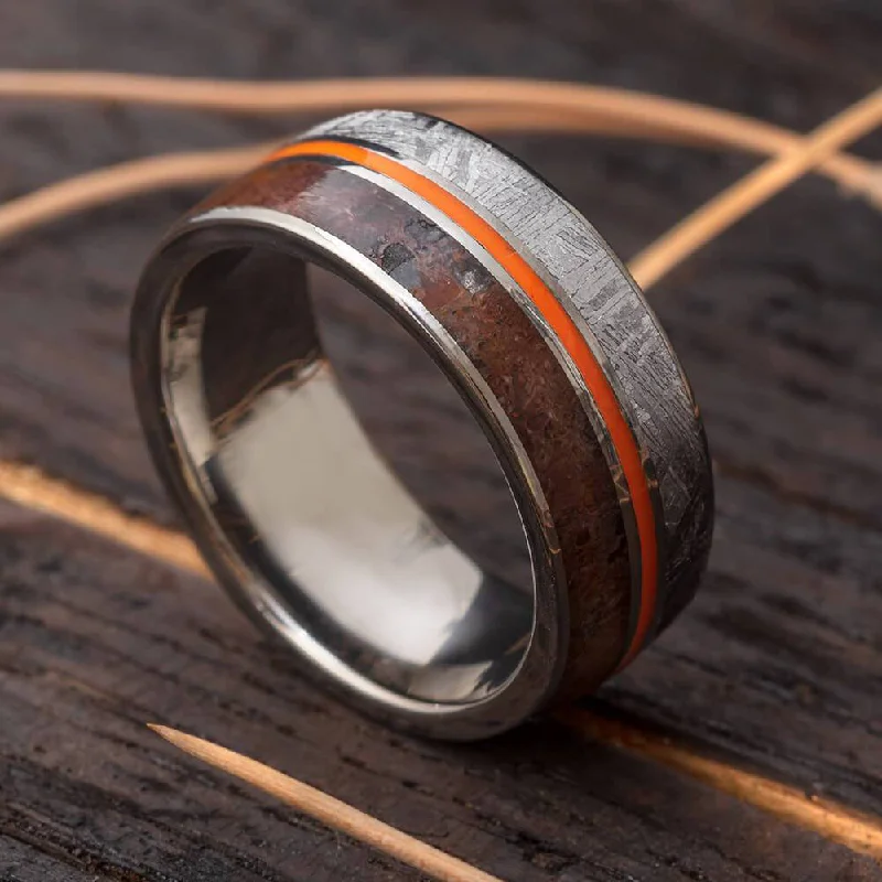 women's ring rose quartz -Titanium Ring With Dinosaur Bone, Meteorite & Orange Enamel