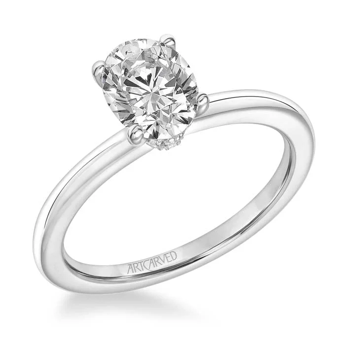 women's engagement rings pear cut -ArtCarved "Kit" Oval Classic Solitaire Engagement Ring Semi-Mounting with Diamond Collar in 14K White Gold