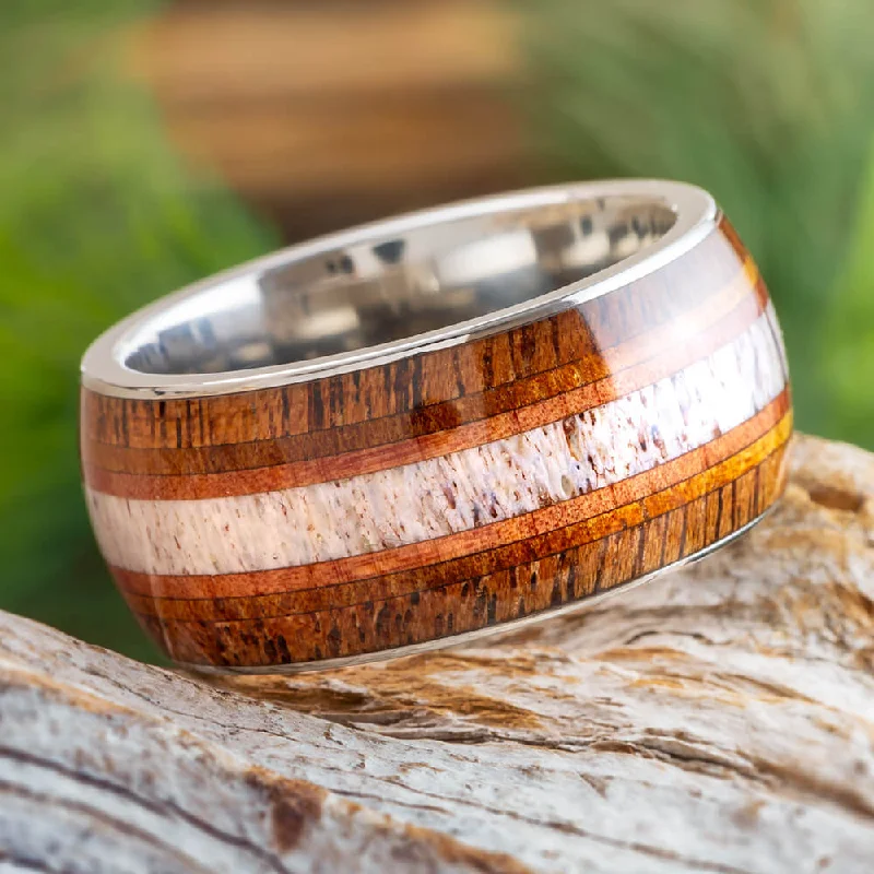 women's ring bold design -Elk Antler Ring with Black Mesquite, Cedar, Koa Wood