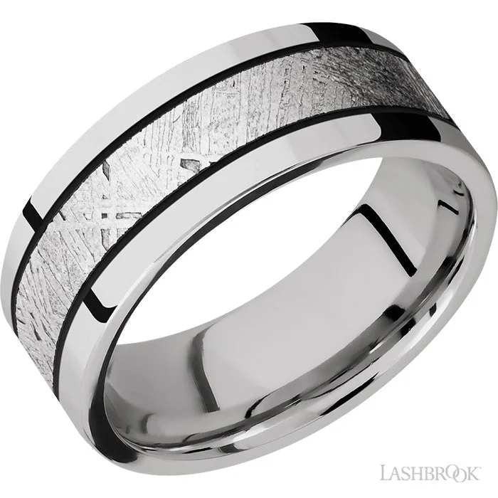 women's engagement rings oval cut -Lashbrook 7mm Cobalt Wedding Band with Meteorite Inlay and Black Enamel Accents