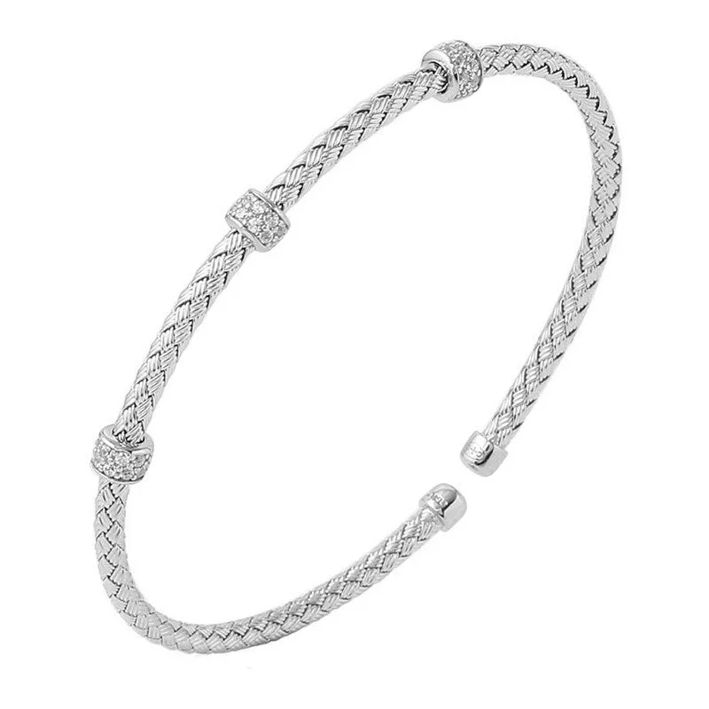 women's bracelets with heart shape -CZ Rhodium Plated Silver 3mm Mesh Cuff Bangle