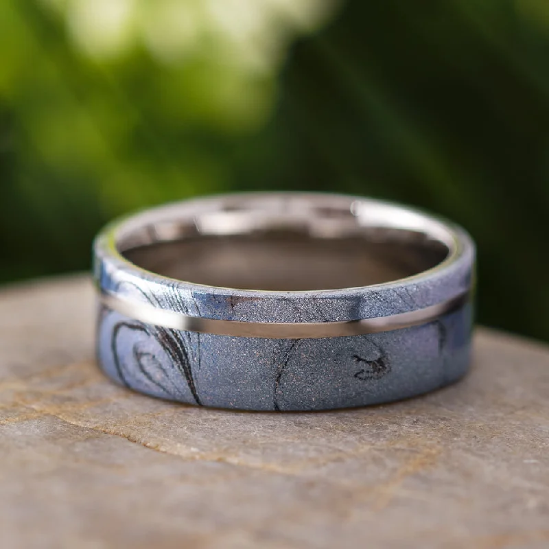 women's ring unique design -Cobaltium Mokume Gane Ring with Titanium Sleeve, Commitment Ring