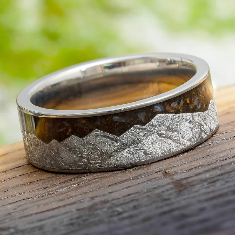 women's ring amethyst -Meteorite Mountain Ring With Crushed Dinosaur Bone