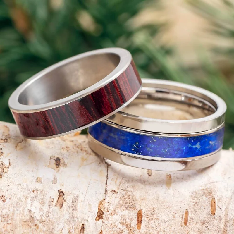 women's ring classic design -Lapis Lazuli & Bloodwood Modular Titanium Ring Set