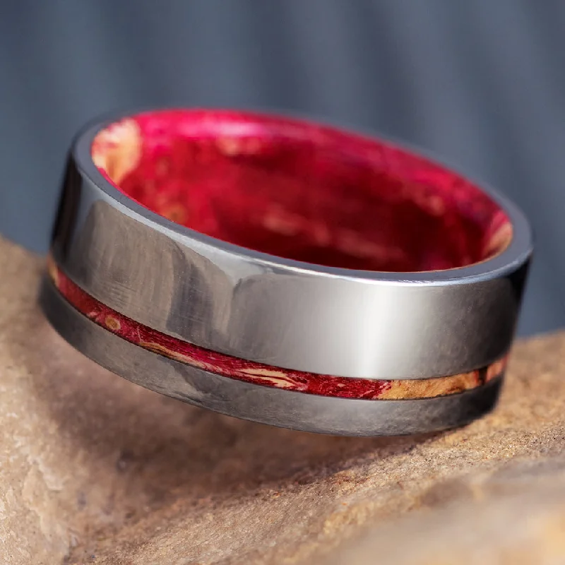 women's ring silver -Red Box Elder Ring With Wooden Sleeve And Titanium