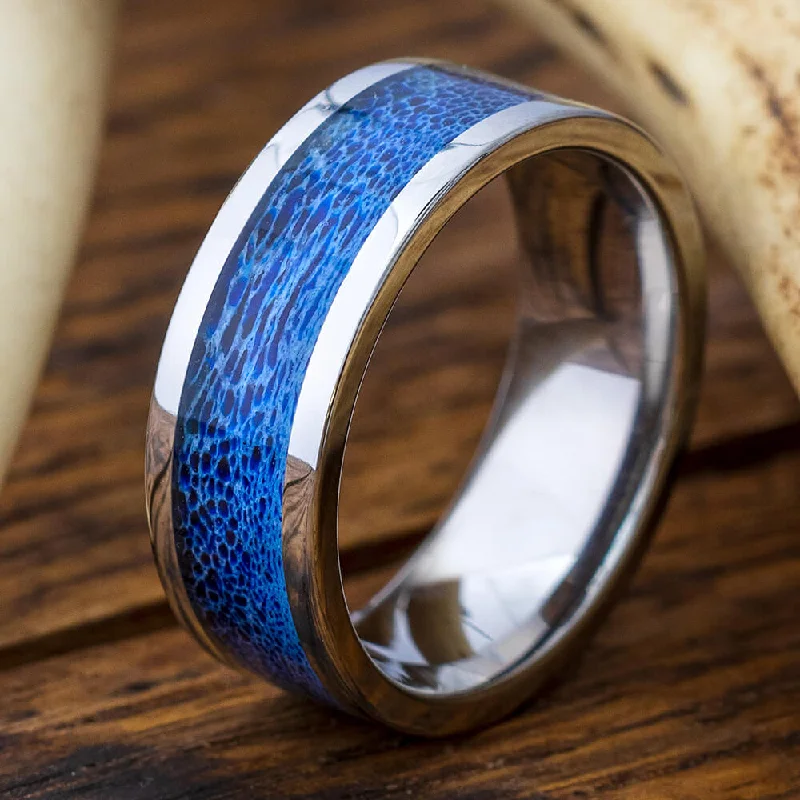 women's ring fashion accessory -Colorful Titanium Ring with Blue Antler Inlay