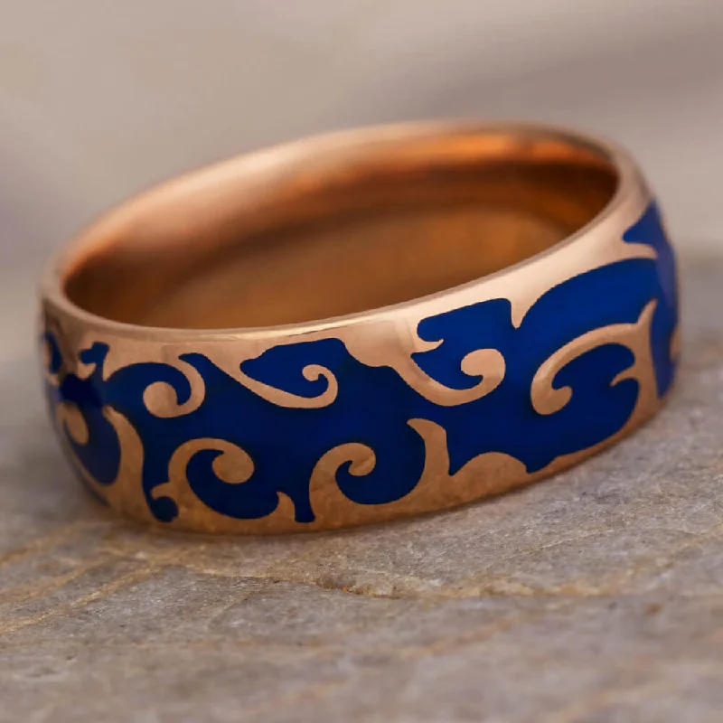 women's ring charm rings -Rose Gold Ring With Intricate Blue Enamel Decoration