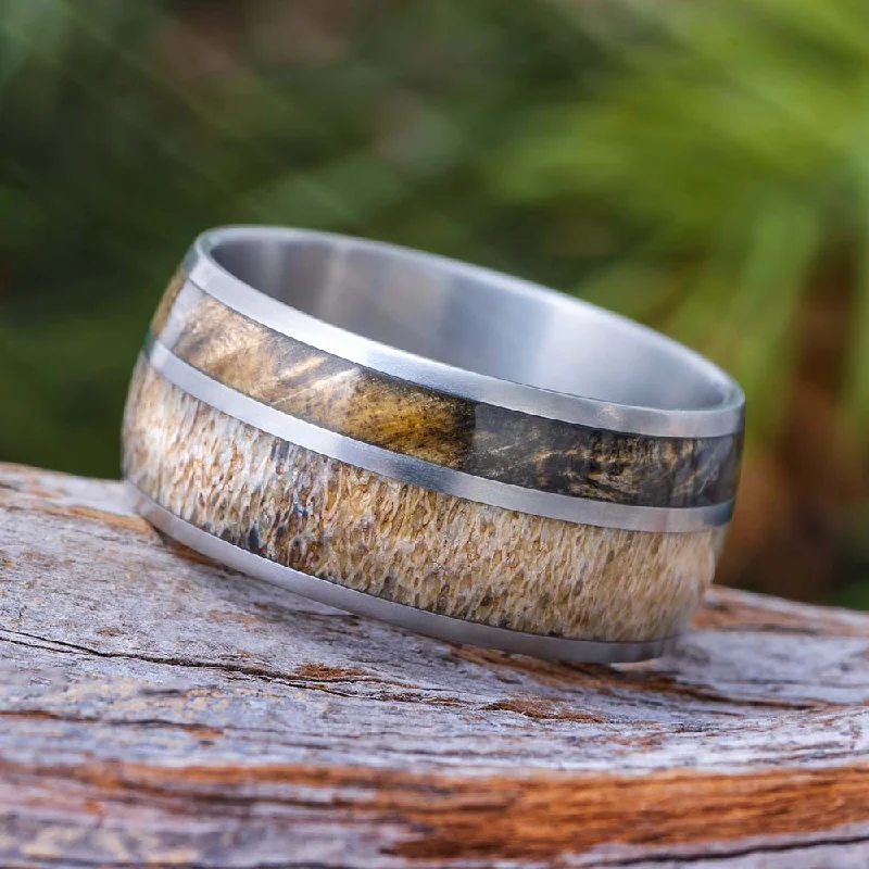 women's ring boho style -Titanium Ring with Deer Antler and Buckeye Wood Inlays