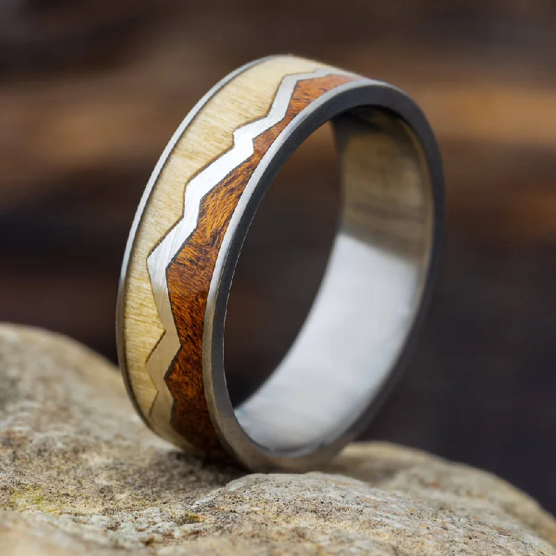 women's ring wedding band -Silver Capped Mountain Ring with Aspen Wood and Mesquite Burl