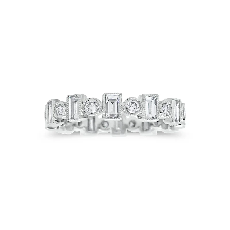 women's ring thin band -Alternating Round & Baguette Diamond Eternity Band with Milgrain