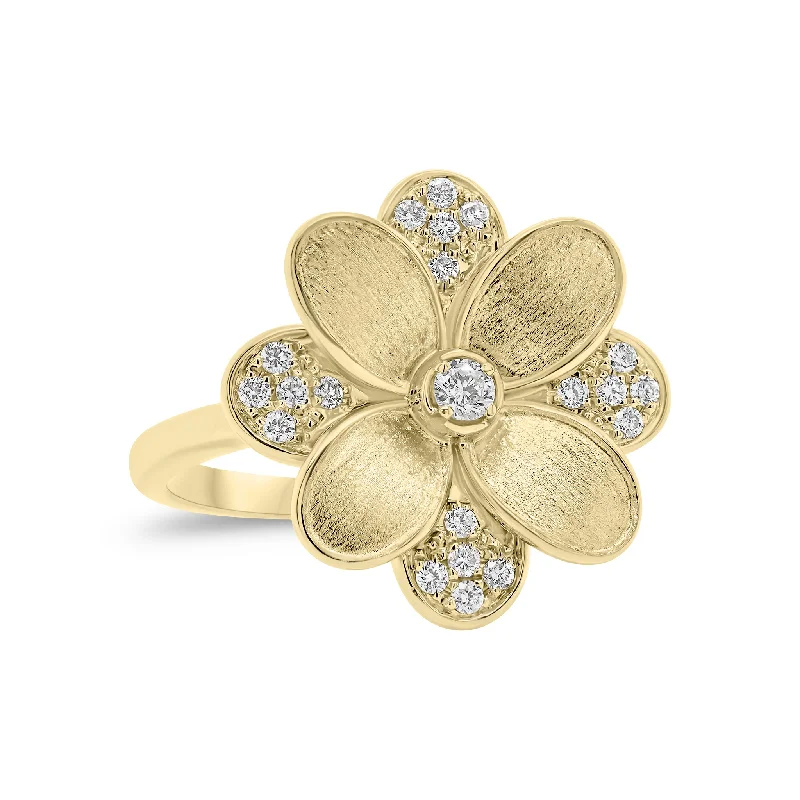 women's ring unique design -Diamond & Brushed Gold Flower Cocktail Ring