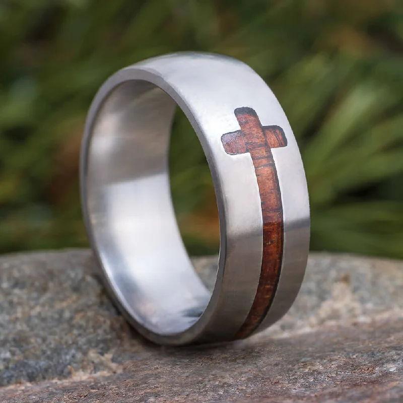 women's ring delicate -Koa Wood Cross Ring In Titanium Band