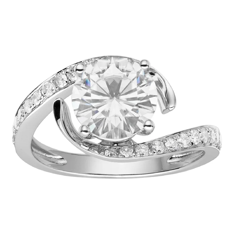 women's ring hammered texture -Charles & Colvard Moissanite Bypass Solitaire Ring in White Gold