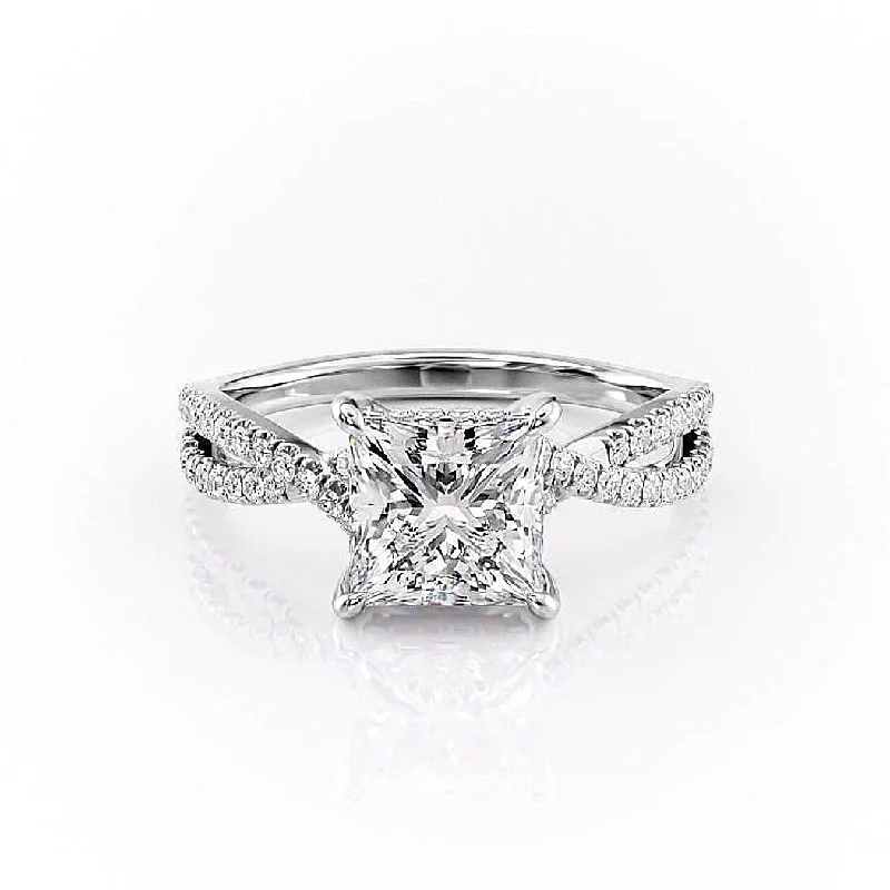 women's engagement rings solitaire -Princess Cut Moissanite Engagement Ring, Twisted Stone Set Shoulders