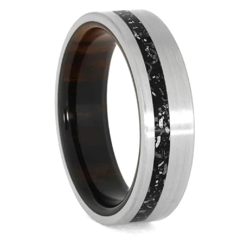 women's ring stackable bands -Brushed Titanium Ring With Offset Black Stardust™ Inlay And Ironwood Sleeve