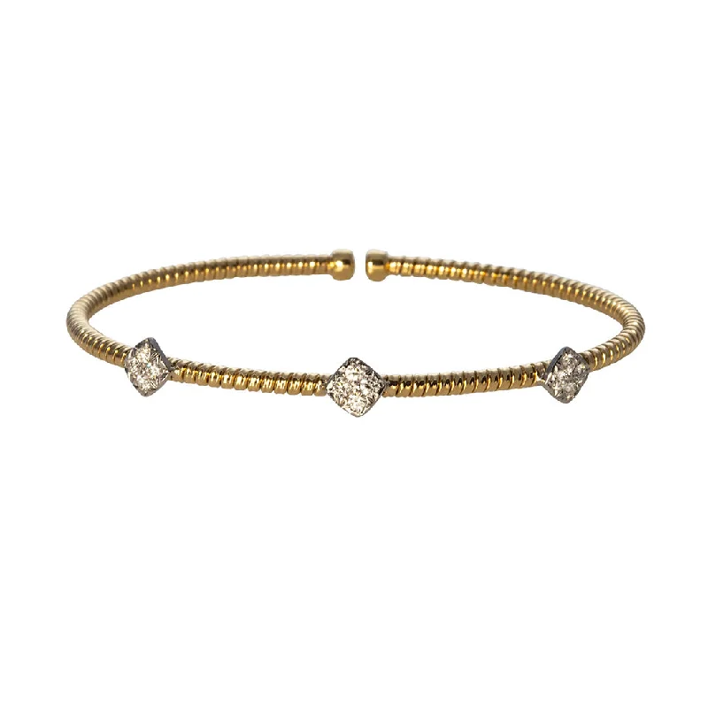 women's bracelets stylish and durable -Diamond 3 Station 18K Yellow Gold Flexible Cuff Bangle