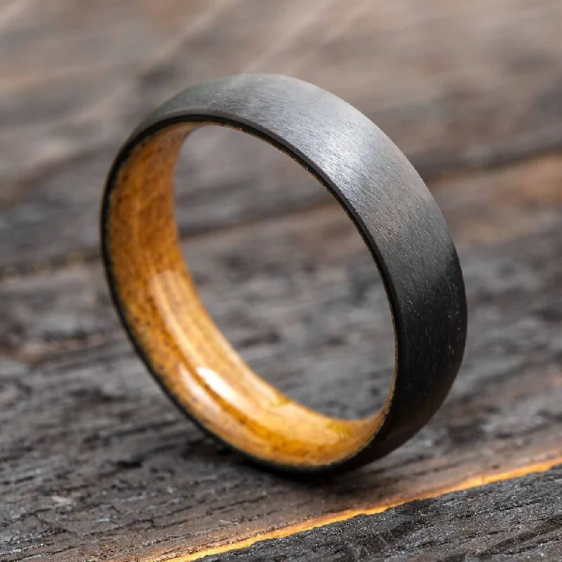 women's ring stackable bands -6mm Black Zirconium Ring With Whiskey Barrel Wood Sleeve