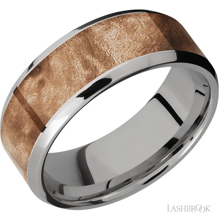 women's engagement rings platinum -Lashbrook 8mm Titanium Wedding Band with Maple Burl Wood Inlay