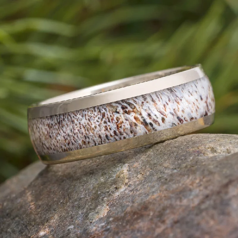 women's ring for anniversary -Polished Gold Ring With Deer Antler Inlay